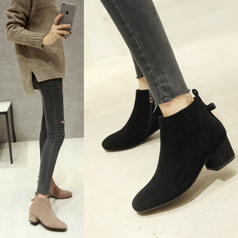 中跟短靴女秋冬新款真皮方头马丁靴短筒及踝靴复古粗跟裸靴女靴子,女鞋,时装靴,淘宝优惠券,粉丝福利购,淘宝优惠卷