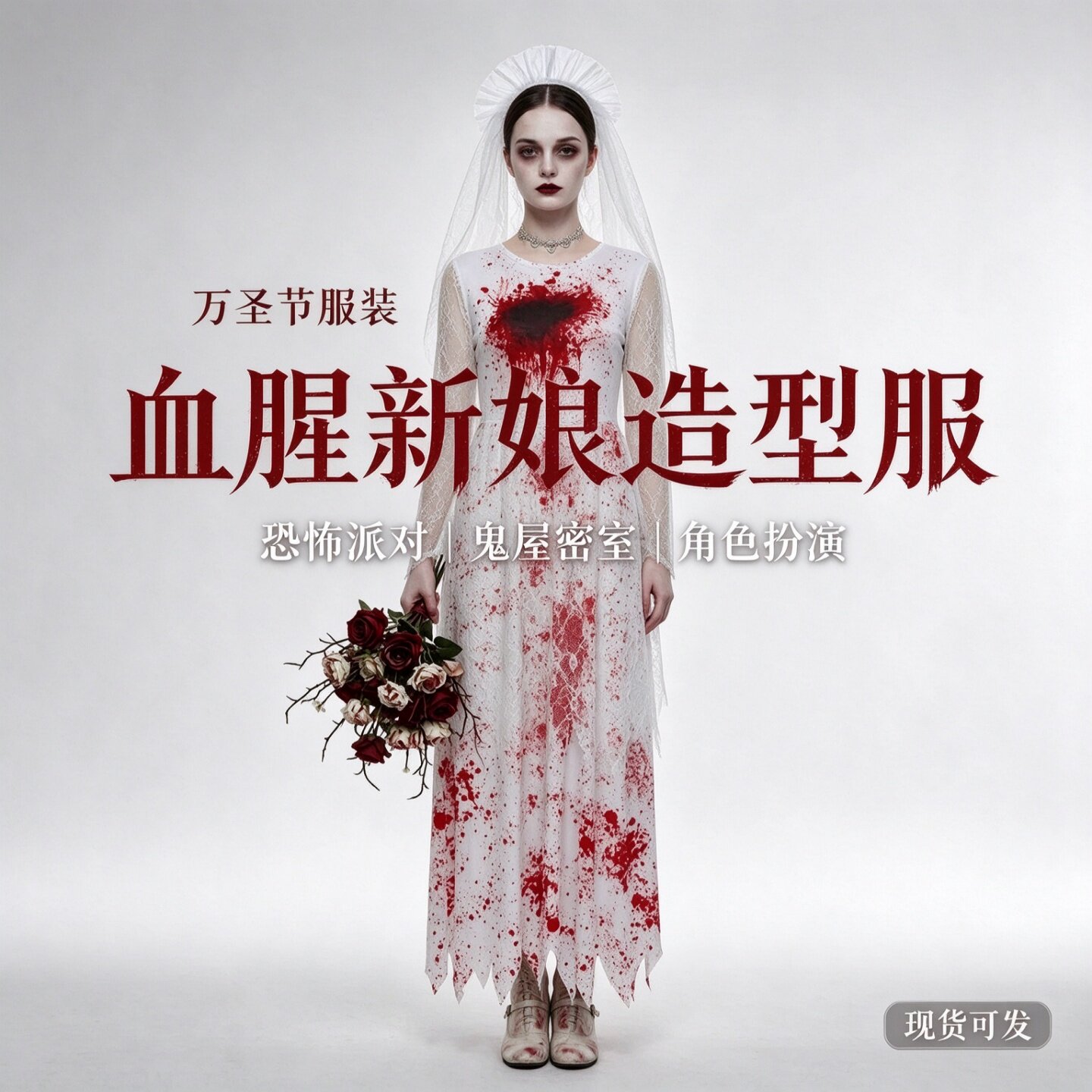 万圣节恐怖鬼新娘COS服带血蕾丝