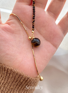 新品【秋意渐浓】不对称虎眼石圆球抽拉项链毛衣链高级