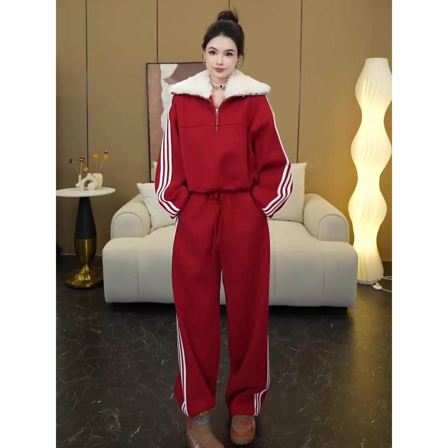 冬季加绒加厚显瘦卫衣阔腿裤套装