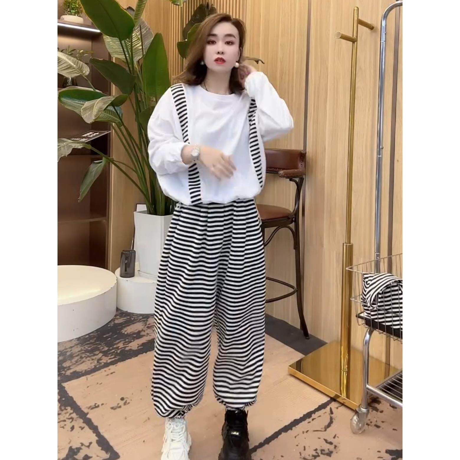 欧货早秋新款休闲运动套装女时尚显瘦条纹拼色上衣哈伦裤两件套潮