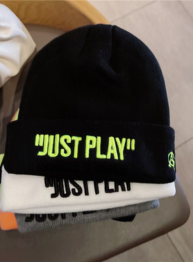 字母刺绣针织帽欧美冷帽JUST街头运动百搭男女美式潮牌黑色毛线帽