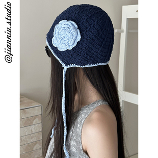 韩系复古手工编织立体玫瑰花针织帽女早秋新款小众设计系带包头帽