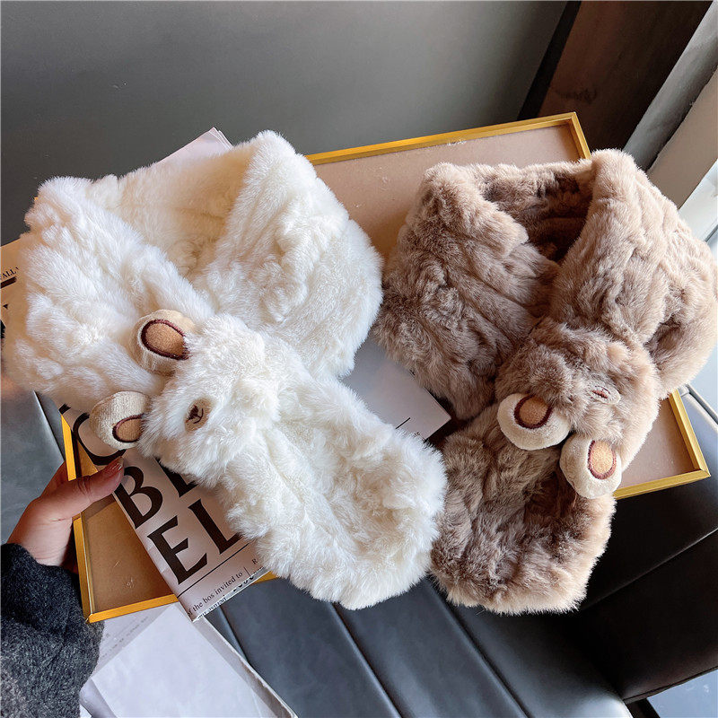 日系围巾ins可爱卡通小熊耳朵少女围脖学生秋冬獭兔毛少女保暖