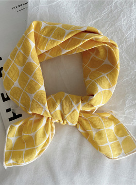 印花春夏季百搭简约棉方巾女领巾小方巾装饰黄色小围巾韩版小丝巾