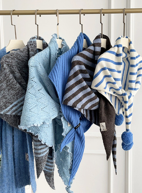 韩系高级感蓝色条纹针织三角围巾女2025新款时尚百搭保暖披肩围脖