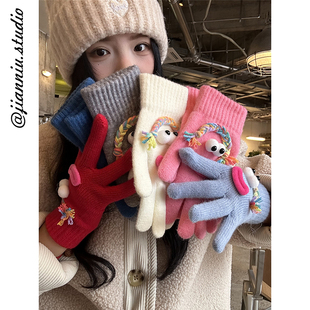 可爱搞怪丑萌针织手套女冬季学生百搭保暖防寒露指可触屏五指手套