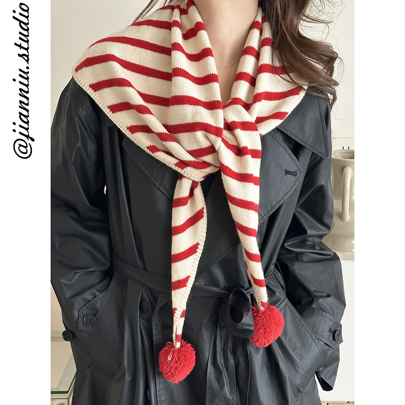日系可爱球球条纹三角巾女秋冬保暖韩版时尚装饰披肩外搭针织围脖