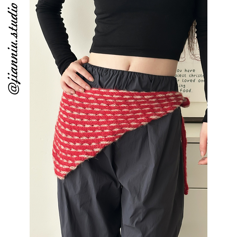 复古条纹系带三角巾女韩版2025秋冬新款显瘦绑带腰间围巾屁帘头饰