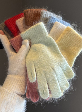 纯色兔毛绒针织手套女2025秋冬季新款保暖防寒纯色露指可触屏手套