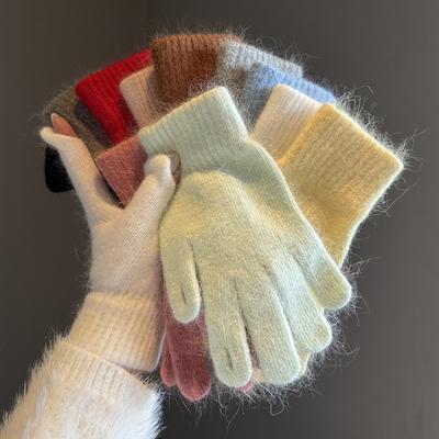 女纯色兔毛绒保暖防寒露指可触屏