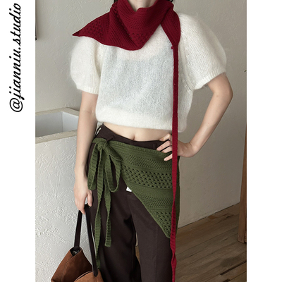 日系复古针织镂空三角巾女时尚百搭系脖领巾包头巾多功能装饰屁帘