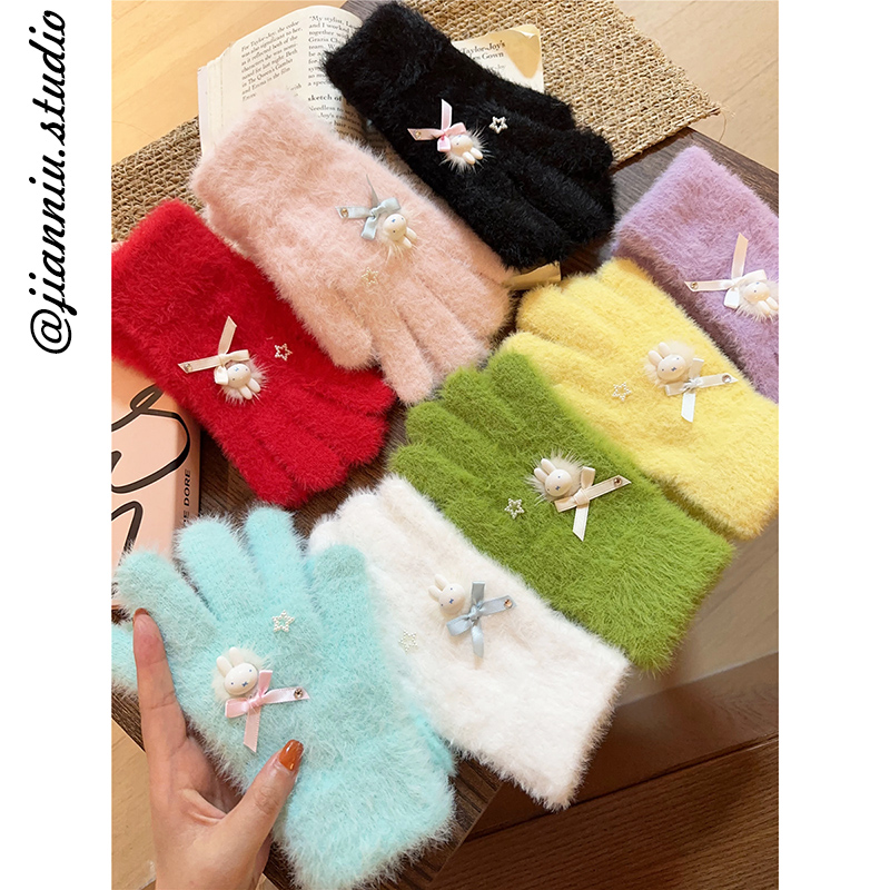 可爱小兔蝴蝶结毛绒手套女秋冬新款学生百搭保暖防寒触屏分指手套