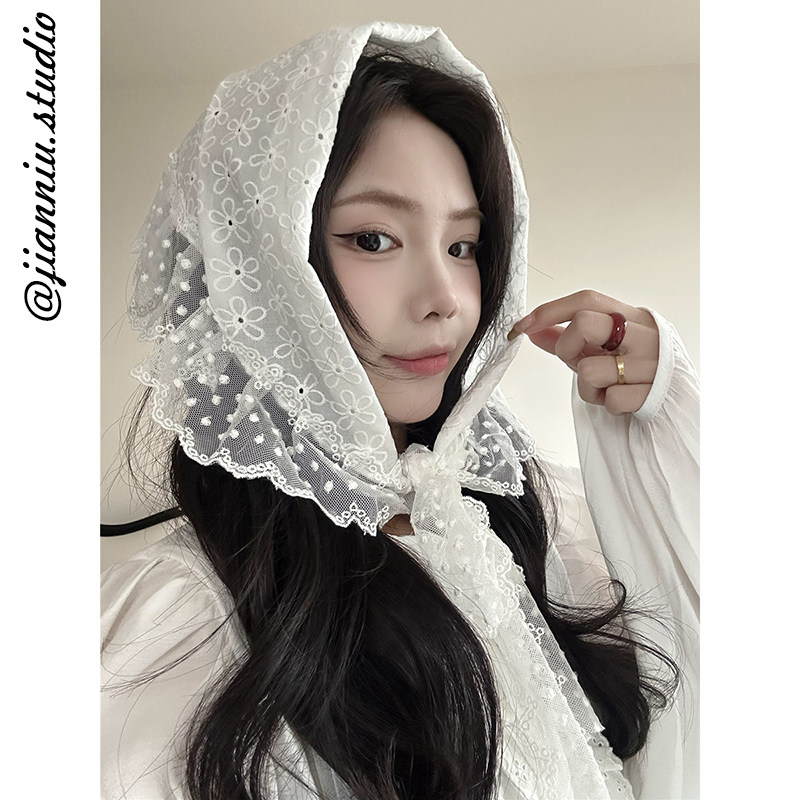 法式少女氛围感白色蕾丝花边三角巾女2026新款百搭包头巾围裙屁帘