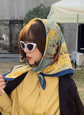 原创春秋款洋气时尚丝巾小方巾女百搭薄款黄色小韩国领巾围巾头巾