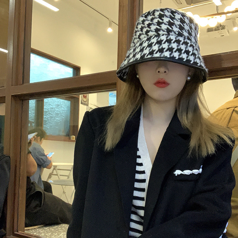 包边千鸟格渔夫帽秋冬季水桶大檐