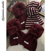 韩版 2025新款 波尔多红色针织围巾女冬季 百搭高级感保暖护颈围脖潮