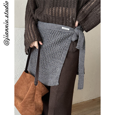 设计感镂空针织绑带屁帘女2025春秋时尚百搭叠穿遮臀显瘦半身裙子