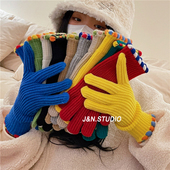 韩国ins小糖豆毛线针织手套冬季 露指女纯色触屏保暖防风骑车分指