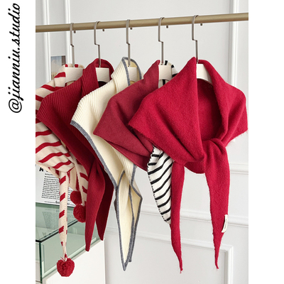 圣诞新年红色针织三角巾披肩围脖