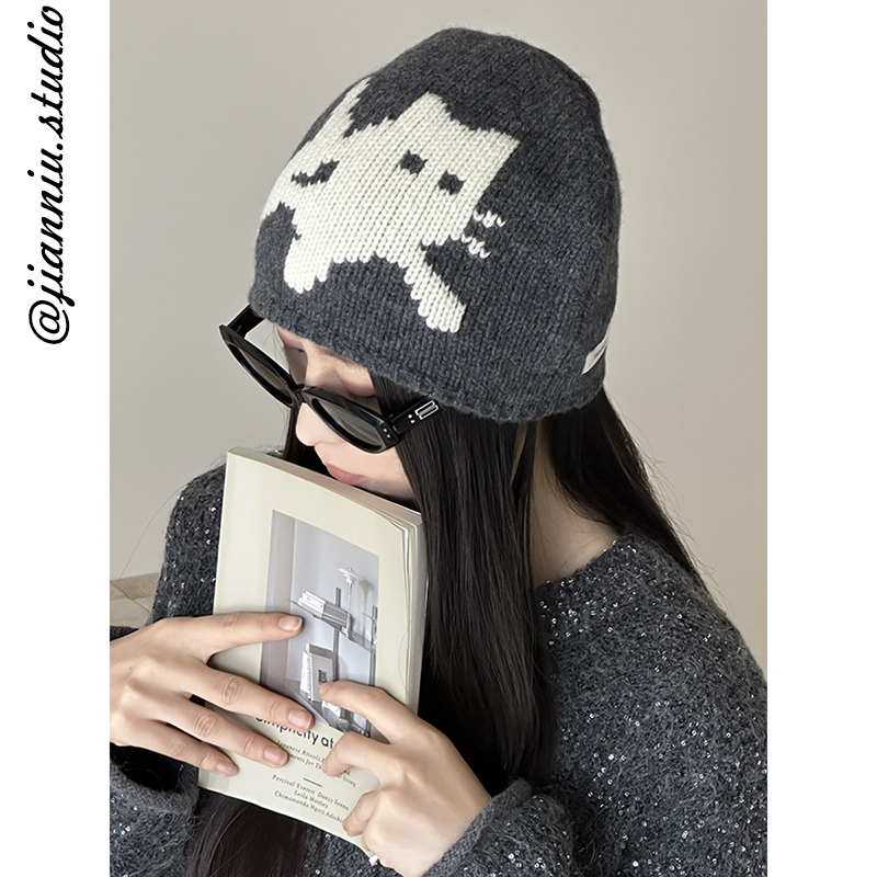 韩版可爱猫咪刺绣针织帽子毛线帽