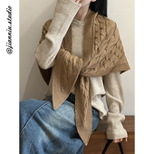 麻花纹三角针织披肩女2025秋冬新款 复古百搭加厚保暖护肩外搭斗篷