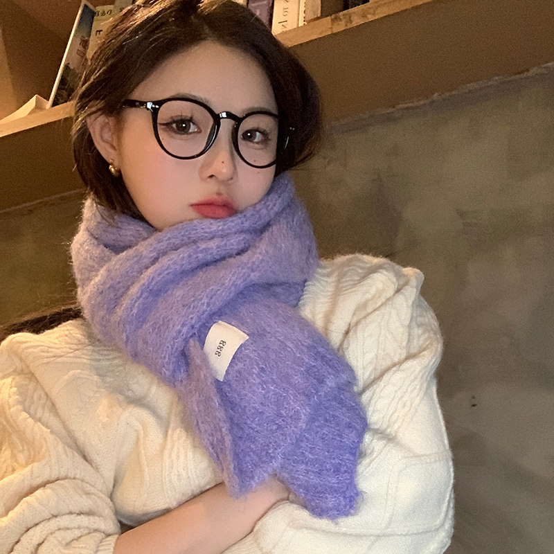 紫色围巾女生韩版含羊毛秋冬季显白针织毛线保暖百搭围脖少女冬天
