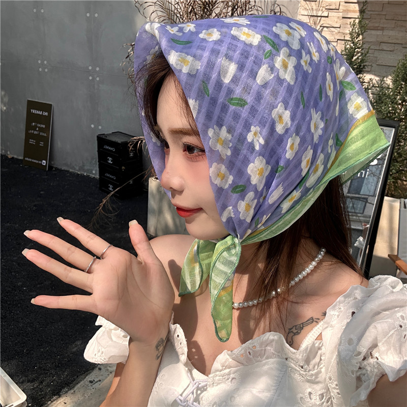 韩版小方巾文艺女春秋花朵丝巾