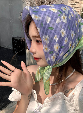 韩版春夏温柔紫色百搭碎花夏季小方巾花朵丝巾女装饰发带包头巾