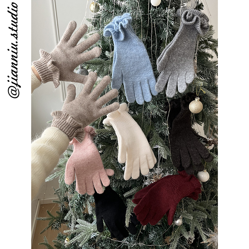 纯色荷叶边毛线针织手套女冬季户外骑行加厚保暖防寒护腕分指手套