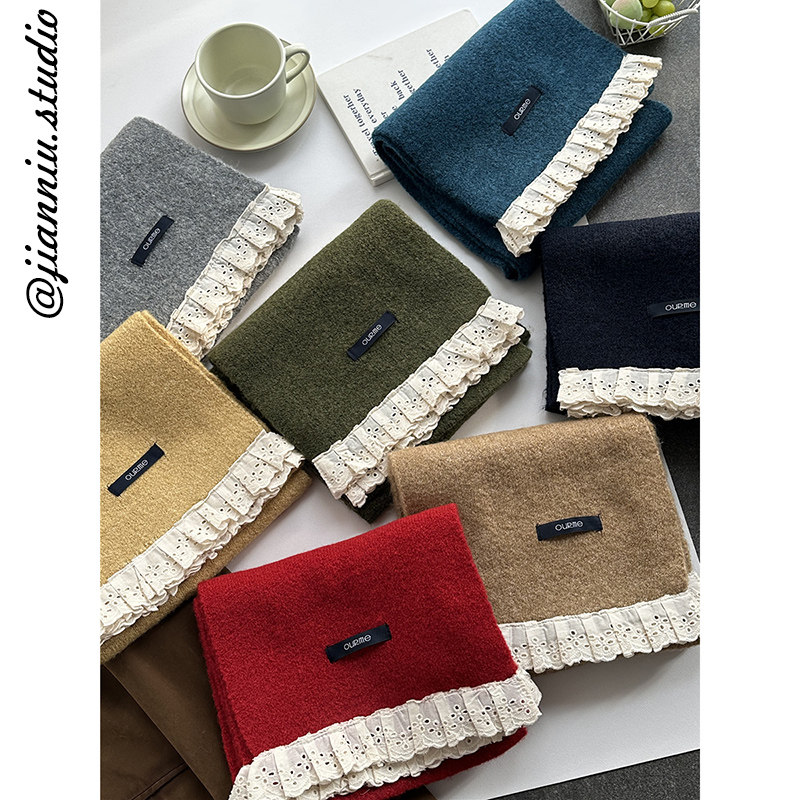 甜美洋气花边纯色针织围巾女秋冬新款氛围感百搭保暖护颈毛线围脖