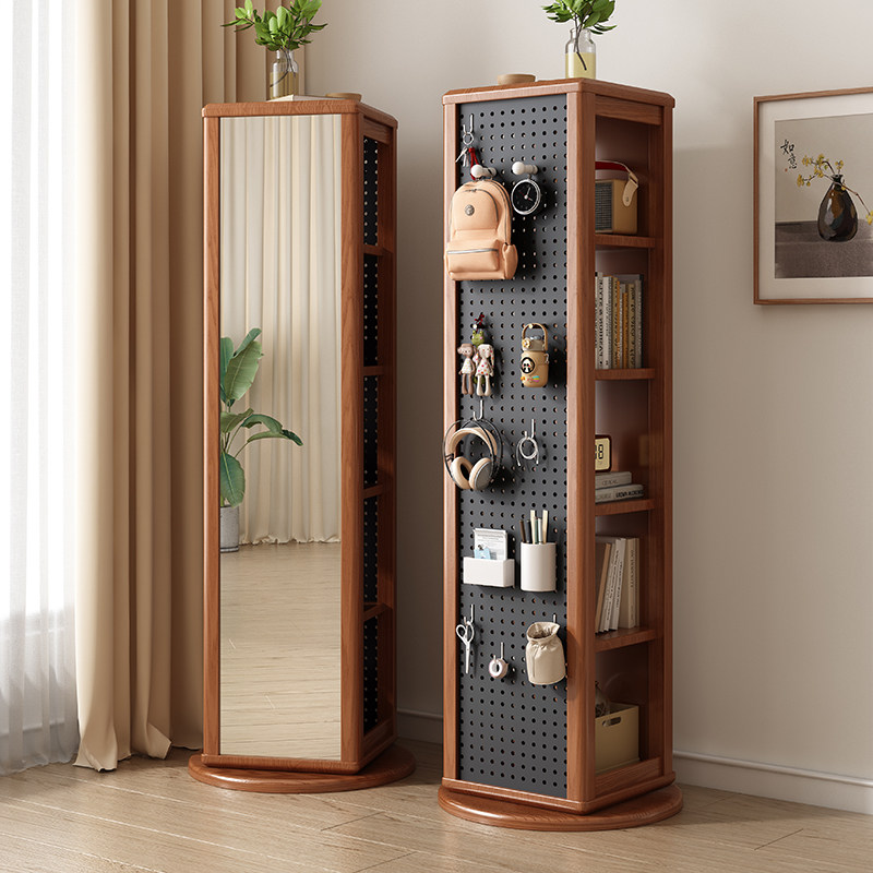 实木可旋转穿衣镜带洞洞板书架一体进门全身试衣镜客厅卧室落地镜