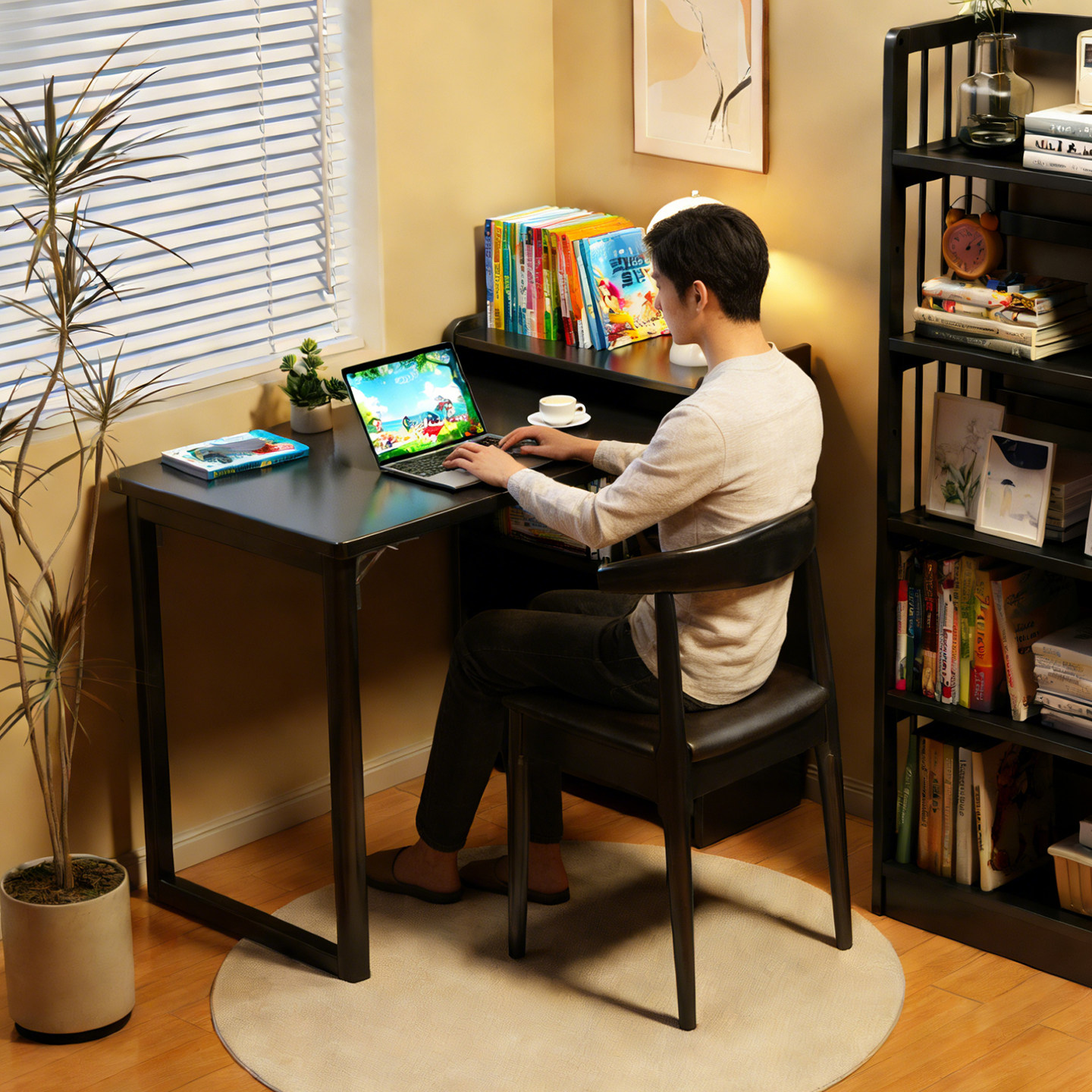 可折叠实木书桌带书柜一体小户型卧室电脑学习桌中古风书房工作台,住宅家具,书桌,淘宝优惠券,粉丝福利购,淘宝优惠卷