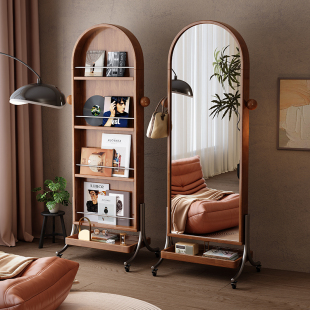 穿衣镜落地全身镜可移动中古风卧室试衣镜包豪斯杂志书架置物一体
