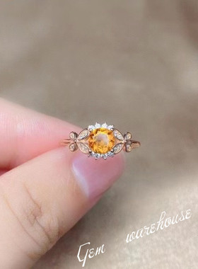 天然黄水晶戒指925银日韩时尚女