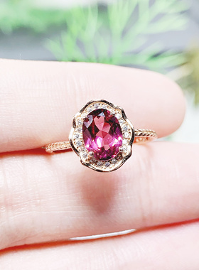 天然石榴石戒指火彩爆闪S925银精工镶嵌女开口玫红色指环礼物
