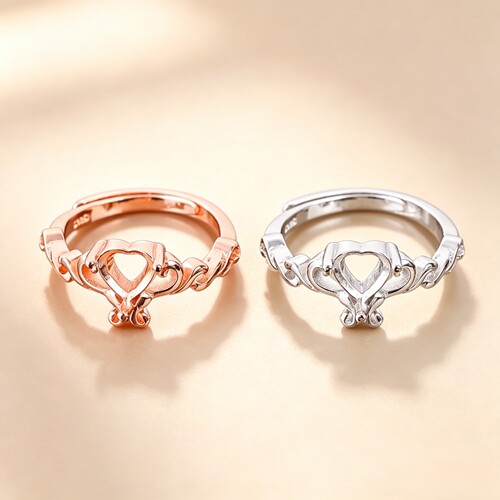 925银戒指空托心形5×5mm 6×6mm活口戒托女镶嵌女戒指