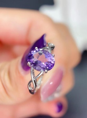新款紫水晶戒指925银镶嵌女开口时尚轻奢饰品送女友新年礼物