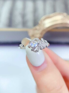 新款天然月光石羽毛戒指925银镶嵌女简约时尚饰品礼物送女友