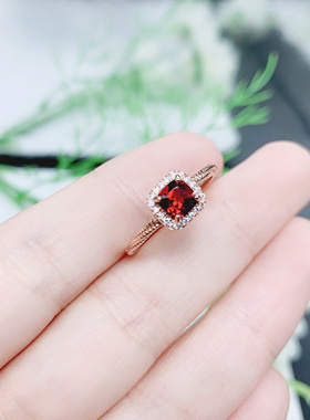2024年新款方枕石榴石戒指925银镶嵌女开口日韩简约时尚饰品礼物