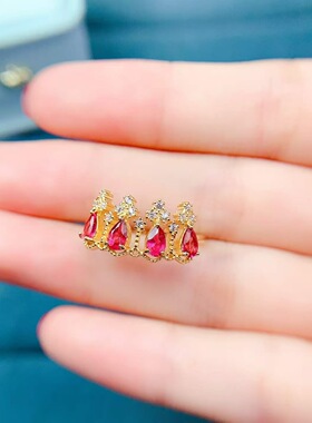 天然粉碧玺戒指925银镶嵌开口女日韩简约时尚饰品