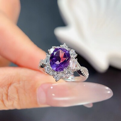 天然紫水晶戒指925银镶嵌开口女日韩简约时尚饰品