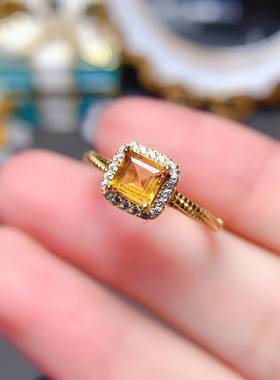 上新天然黄水晶小方糖戒指925银镶嵌轻奢小众高级设计情人节礼物