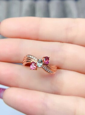 新款天然糖果色碧玺戒指925银镶嵌女时尚轻奢饰品送女友新年礼物