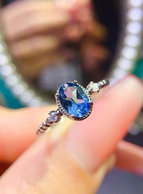 新款伦敦蓝托帕戒指925银镶嵌女开口时尚轻奢饰品送女友新年礼物