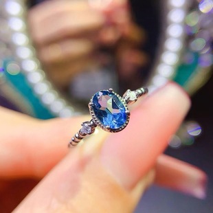 新款 轻奢饰品送女友新年礼物 伦敦蓝托帕戒指925银镶嵌女开口时尚