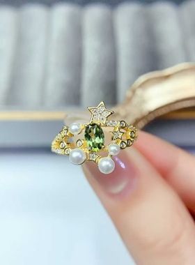 新款绿色碧玺戒指925银镶嵌女开口时尚轻奢饰品送女友新年礼物