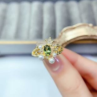 新款 轻奢饰品送女友新年礼物 绿色碧玺戒指925银镶嵌女开口时尚