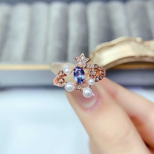 新款 轻奢饰品送女友新年礼物 坦桑石戒指925银镶嵌女开口时尚