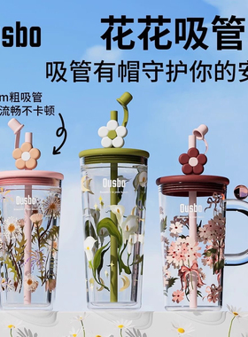 Ousbo双层玻璃水杯女高颜值大容量新款2025带吸管耐高温喝水杯子